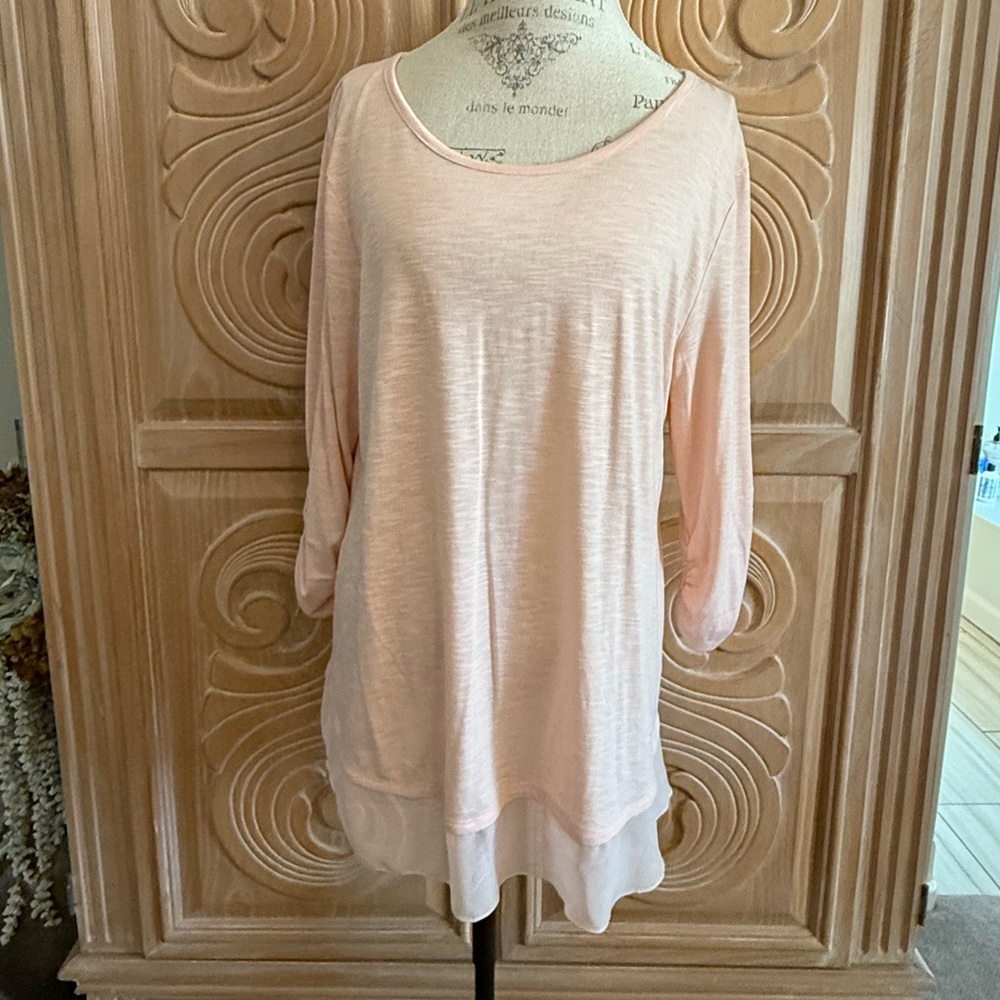 Peach Women's Top with Chiffon Trim. Size XL